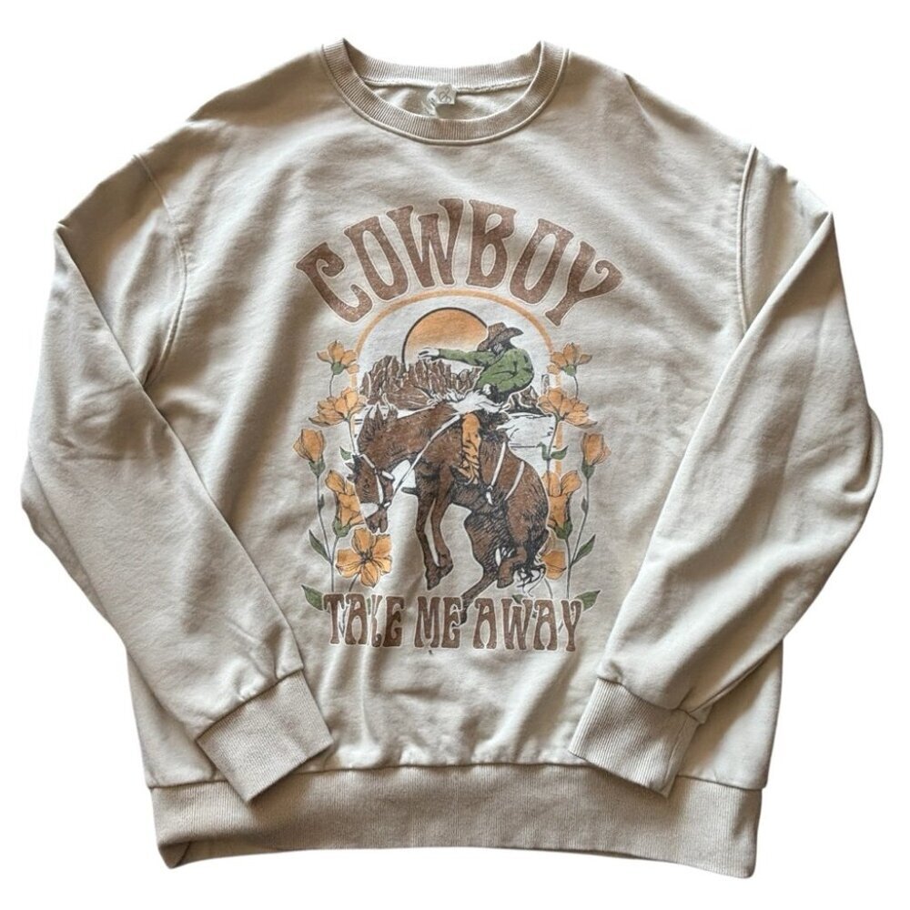 Rus Tee Cowboy Graphic Beige Crew Neck Soft Sweater Size Large